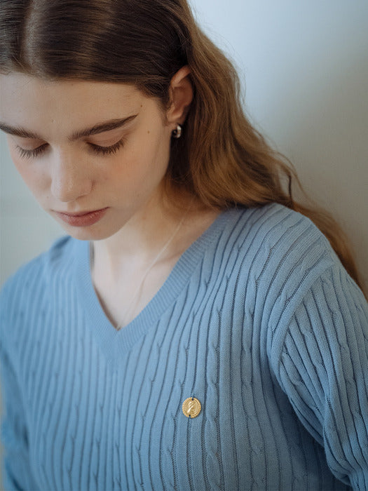 [TILLIDIE] Tie set cable V-neck knit_Sky blue