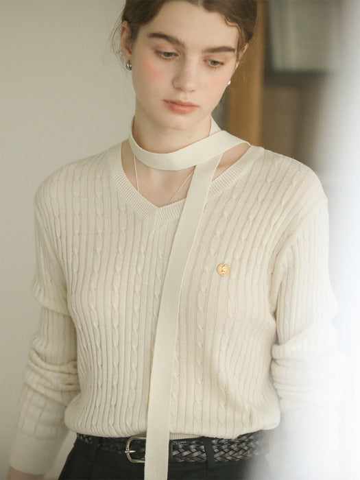 [TILLIDIE] Tie set cable V-neck knit_Light beige