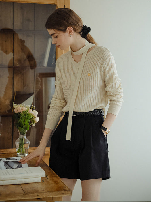 [TILLIDIE] Tie set cable V-neck knit_Light beige