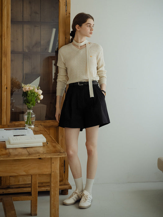 [TILLIDIE] Tie set cable V-neck knit_Light beige