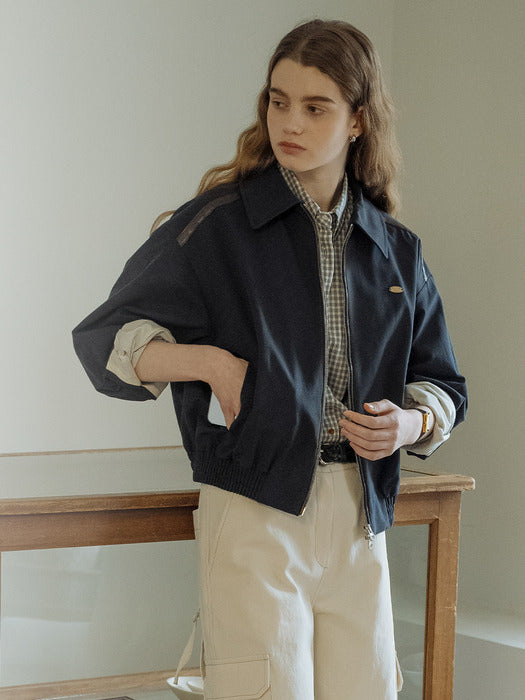 [TILLIDIE] Leather taping blouson jumper_Navy