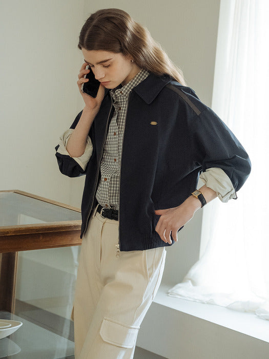 [TILLIDIE] Leather taping blouson jumper_Navy