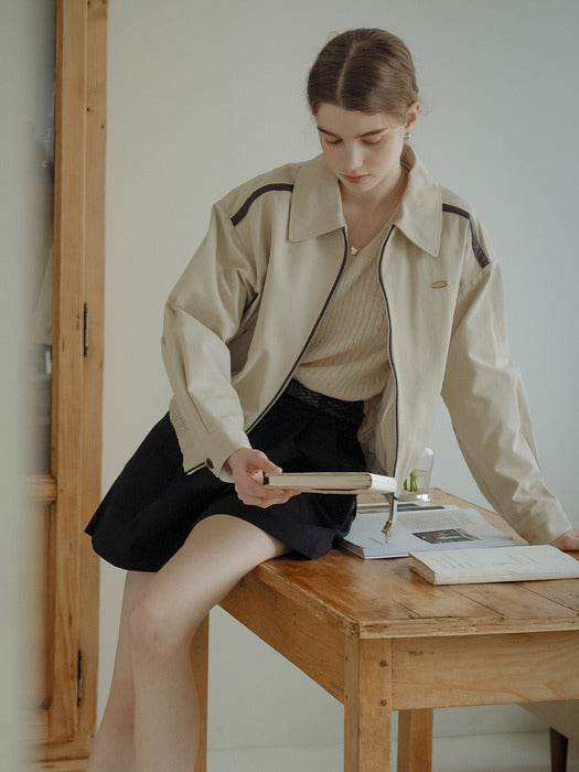 [TILLIDIE] Leather taping blouson jumper_Beige