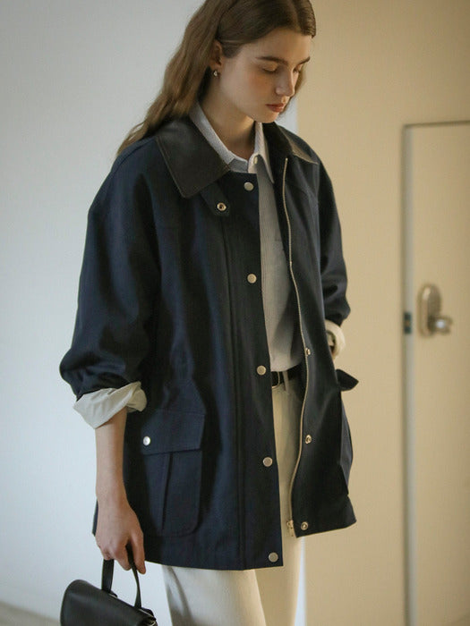 [TILLIDIE] Leather collar point string safari jumper_Navy