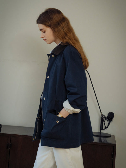 [TILLIDIE] Leather collar point string safari jumper_Navy