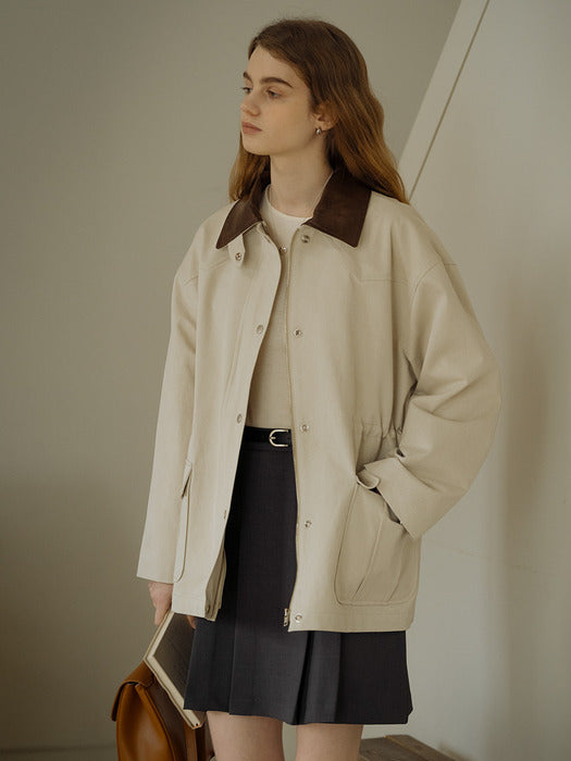 [TILLIDIE] Leather collar point string safari jumper_Beige