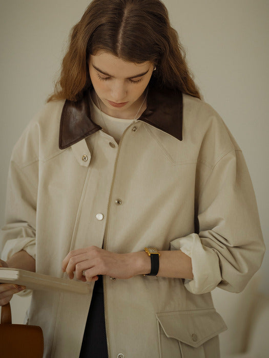 [TILLIDIE] Leather collar point string safari jumper_Beige