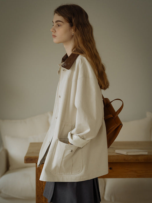 [TILLIDIE] Leather collar point string safari jumper_Beige