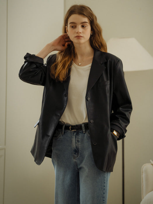 [TILLIDIE] Faux leather classic three button single jacket_Black