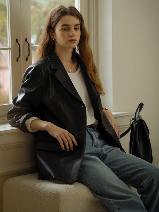 [TILLIDIE] Faux leather classic three button single jacket_Black