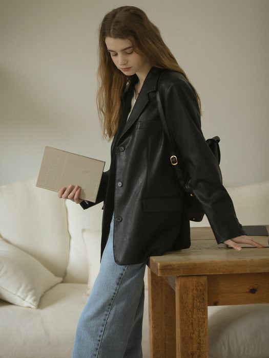 [TILLIDIE] Faux leather classic three button single jacket_Black