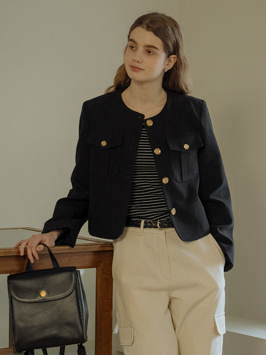 [TILLIDIE] Collarless pocket cotton jacket_Black