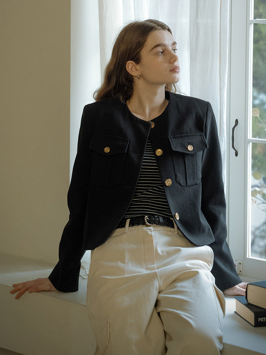 [TILLIDIE] Collarless pocket cotton jacket_Black