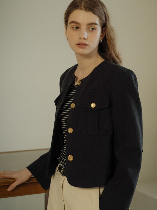 [TILLIDIE] Collarless pocket cotton jacket_Black