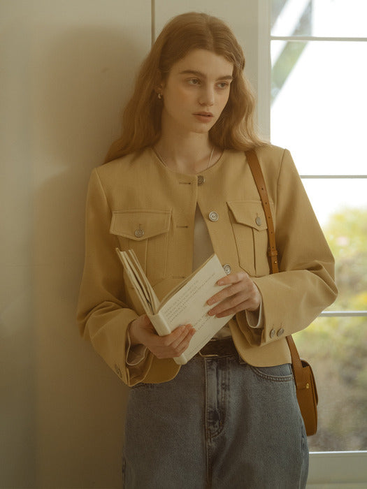 [TILLIDIE] Collarless pocket cotton jacket_Beige