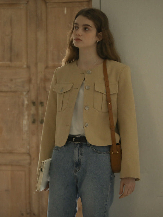 [TILLIDIE] Collarless pocket cotton jacket_Beige