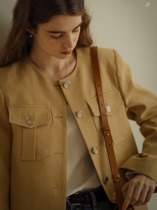 [TILLIDIE] Collarless pocket cotton jacket_Beige