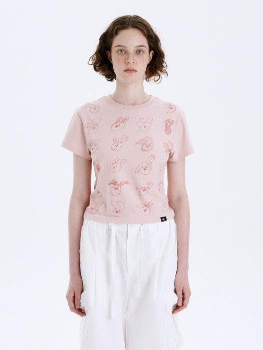 SLIM CROP WOOD DOODLE T-SHIRT_pink