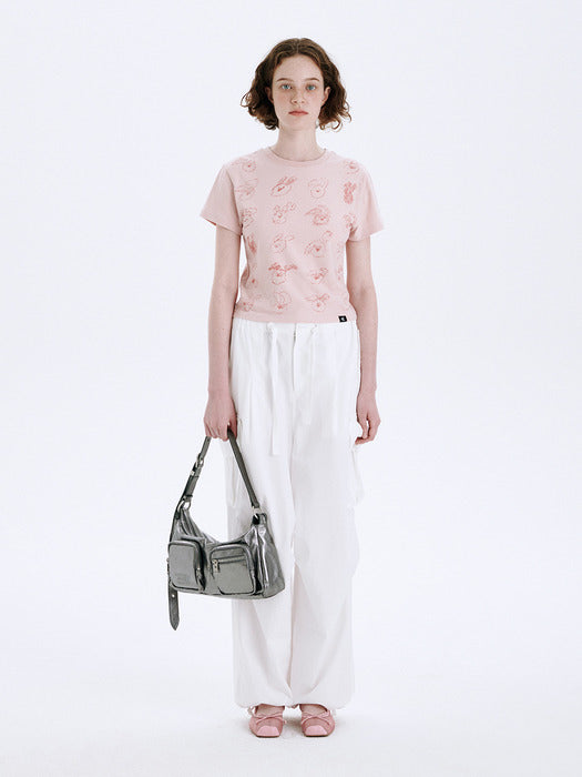 SLIM CROP WOOD DOODLE T-SHIRT_pink