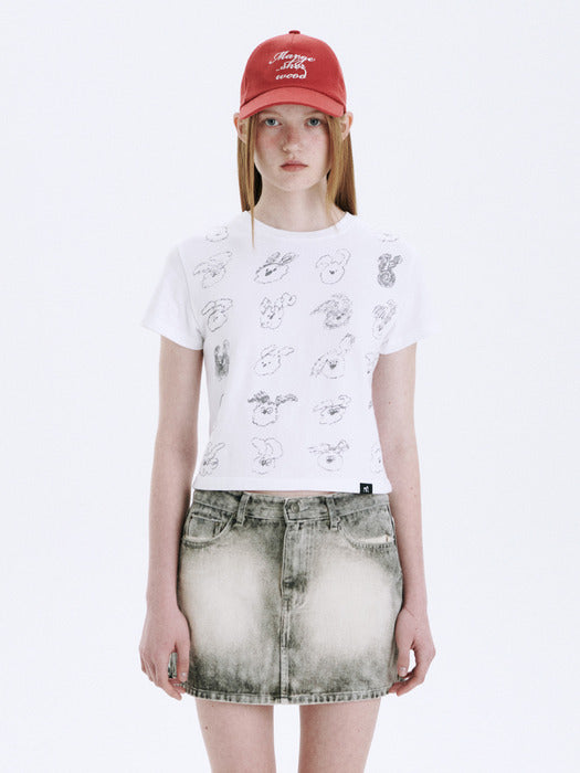 SLIM CROP WOOD DOODLE T-SHIRT_white