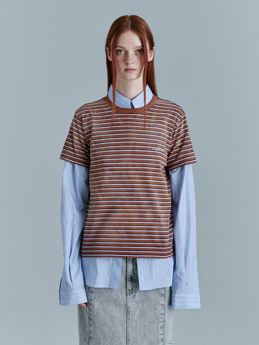 VINTAGE WASHING STRIPE T-SHIRT_brown stripe