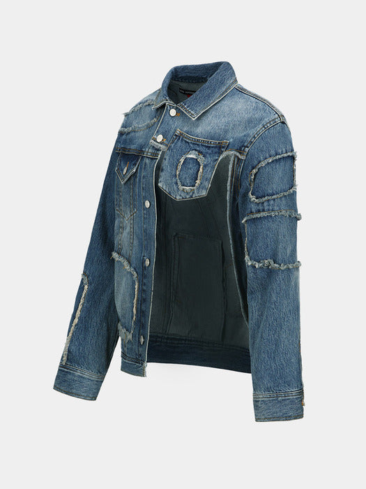 DANIEL HALF CUT-OUT DENIM JACKET awa605w(BLUE)