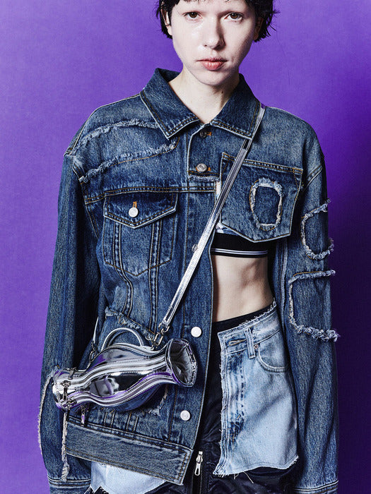 DANIEL HALF CUT-OUT DENIM JACKET awa605w(BLUE)