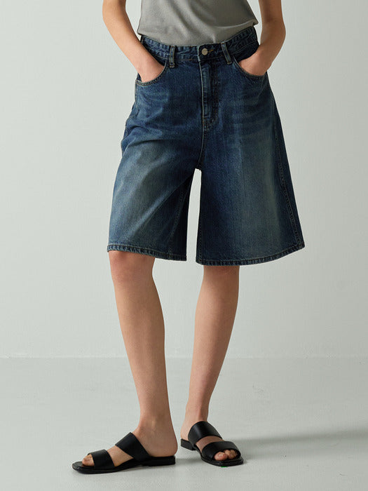 Facade Pattern Wide Bermuda Denim Shorts vintage washing