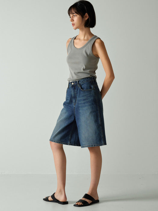 Facade Pattern Wide Bermuda Denim vintage washing