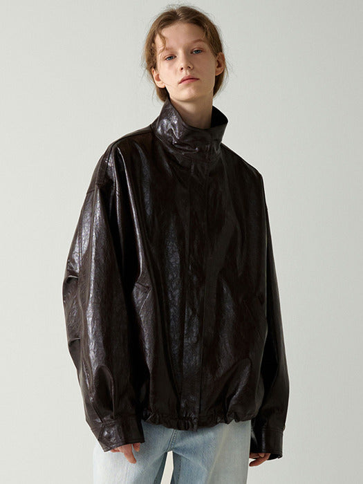 [facade pattern] Overfit Leather Jumper - Brown