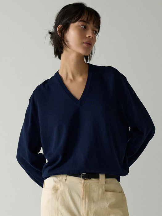 [facade pattern] Paper V-Neck Knit - Navy