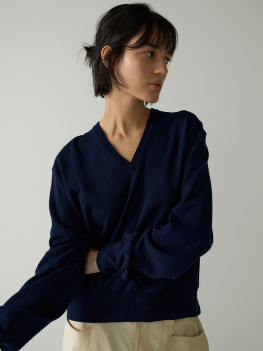 [facade pattern] Paper V-Neck Knit - Navy