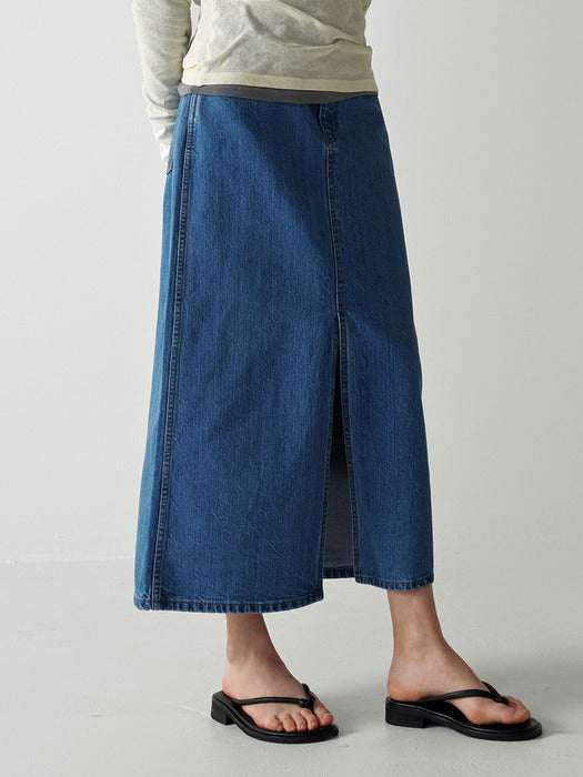 Facade Pattern Classic Denim Skirt blue indigo