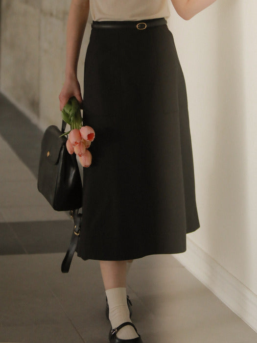 [TILLIDIE] Double stitch midi flared skirt_Black