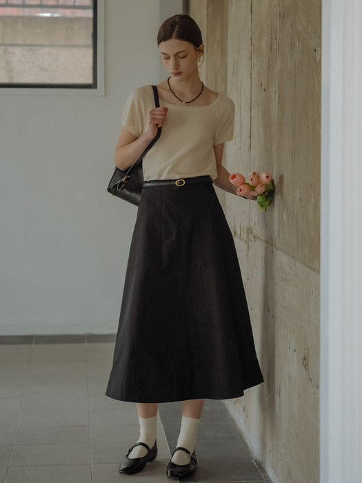 [TILLIDIE] Double stitch midi flared skirt_Black