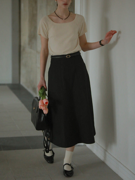 [TILLIDIE] Double stitch midi flared skirt_Black