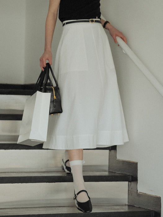 [TILLIDIE] Double stitch midi flared skirt_Ivory