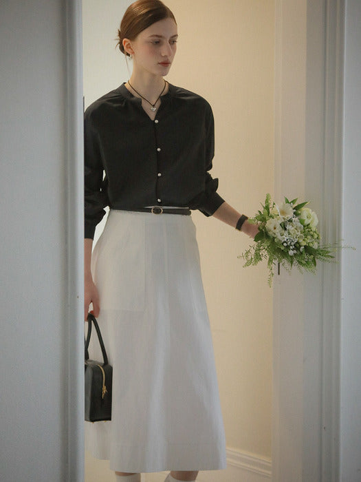 [TILLIDIE] Double stitch midi flared skirt_Ivory