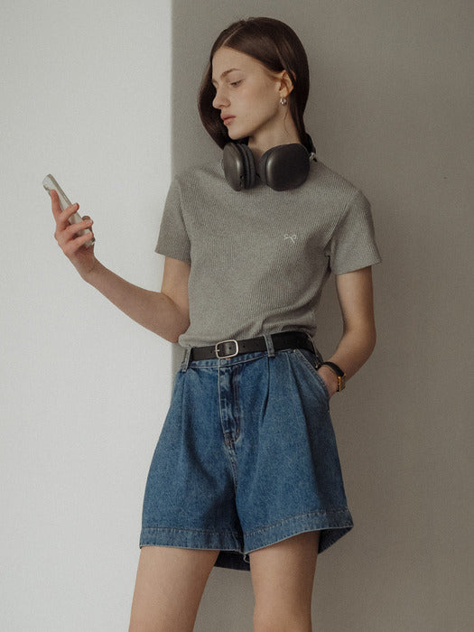 [TILLIDIE] Ribbon Embroidery half sleeve ribbed t-shirt_Gray