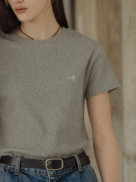 [TILLIDIE] Ribbon Embroidery half sleeve ribbed t-shirt_Gray