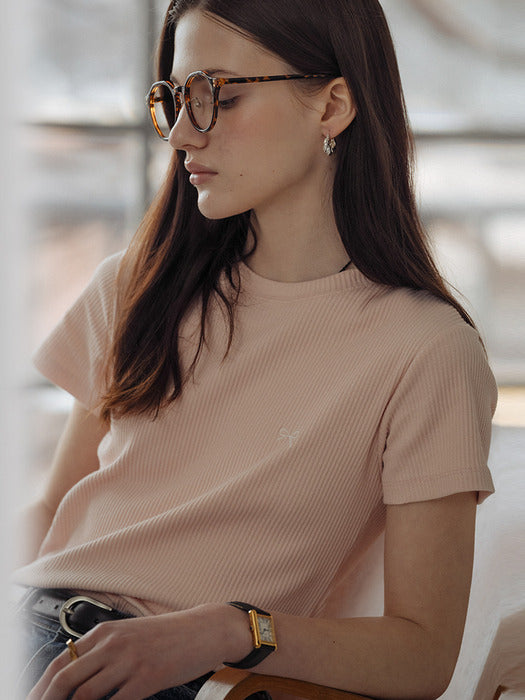 [TILLIDIE] Ribbon Embroidery half sleeve ribbed t-shirt_Pink