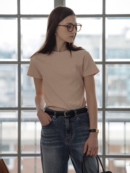 [TILLIDIE] Ribbon Embroidery half sleeve ribbed t-shirt_Pink