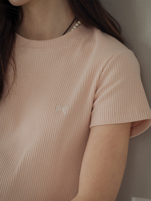[TILLIDIE] Ribbon Embroidery half sleeve ribbed t-shirt_Pink