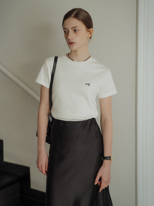 [TILLIDIE] Ribbon Embroidery half sleeve ribbed t-shirt_Ivory