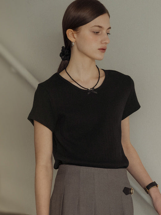 [TILLIDIE] Ribbon point half sleeve eyelet t-shirt_Black