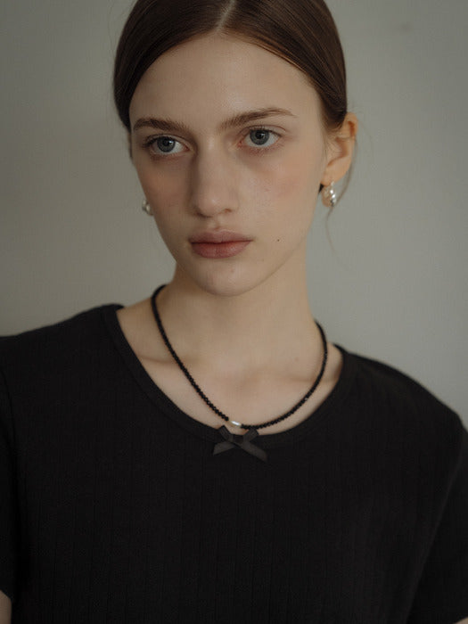 [TILLIDIE] Ribbon point half sleeve eyelet t-shirt_Black