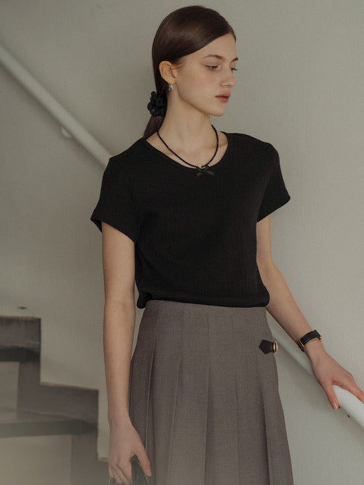 [TILLIDIE] Ribbon point half sleeve eyelet t-shirt_Black