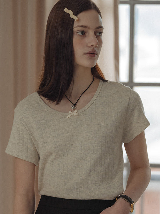 [TILLIDIE] Ribbon point half sleeve eyelet t-shirt_Oatmeal