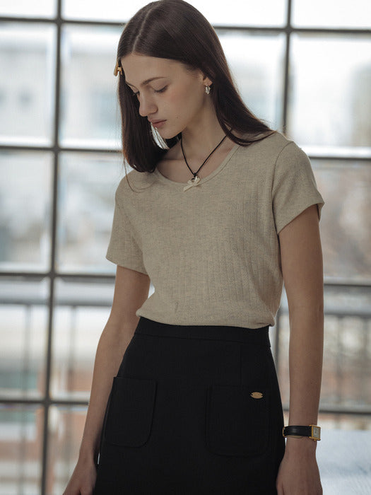 [TILLIDIE] Ribbon point half sleeve eyelet t-shirt_Oatmeal