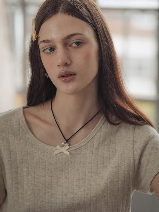 [TILLIDIE] Ribbon point half sleeve eyelet t-shirt_Oatmeal